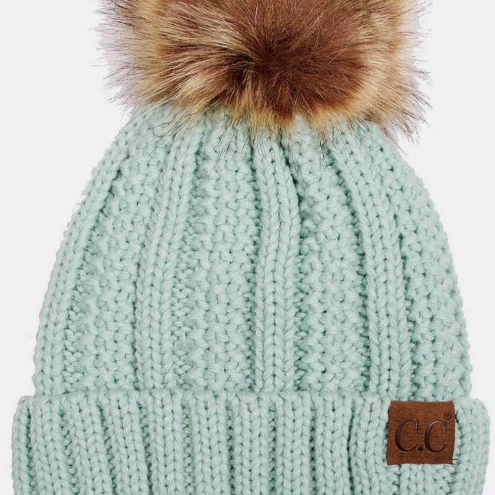 C.C Beanie Mint Knit Fuzzy Lined Brown Faux Fur Pom